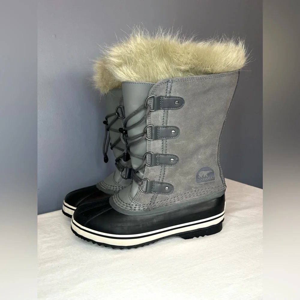 Sorel Joan Of Arctic Boots Womens Size 6 Gray Black Faux‎ Fur Waterproof Snow